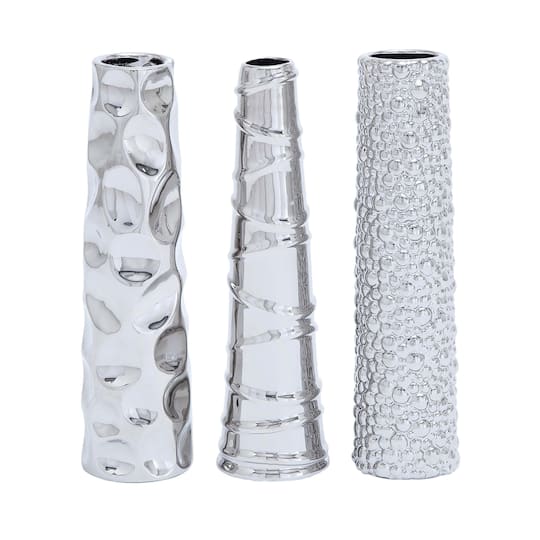 12" Silver Ceramic Abstract Glam Vase Set